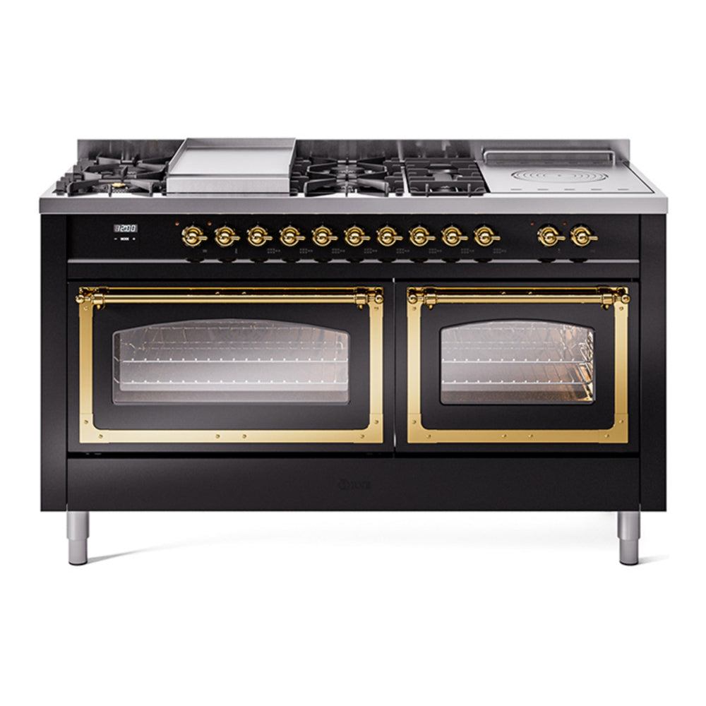 ILVE Nostalgie II Noblesse 60" Glossy Black Dual Fuel Range with 7 Burners, Griddle and French Top Triple Glass Door Natural Gas