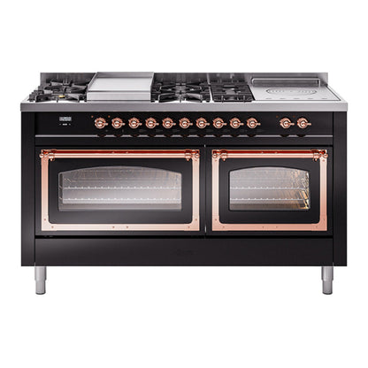 ILVE Nostalgie II Noblesse 60" Glossy Black Dual Fuel Range with 7 Burners, Griddle and French Top Triple Glass Door Natural Gas