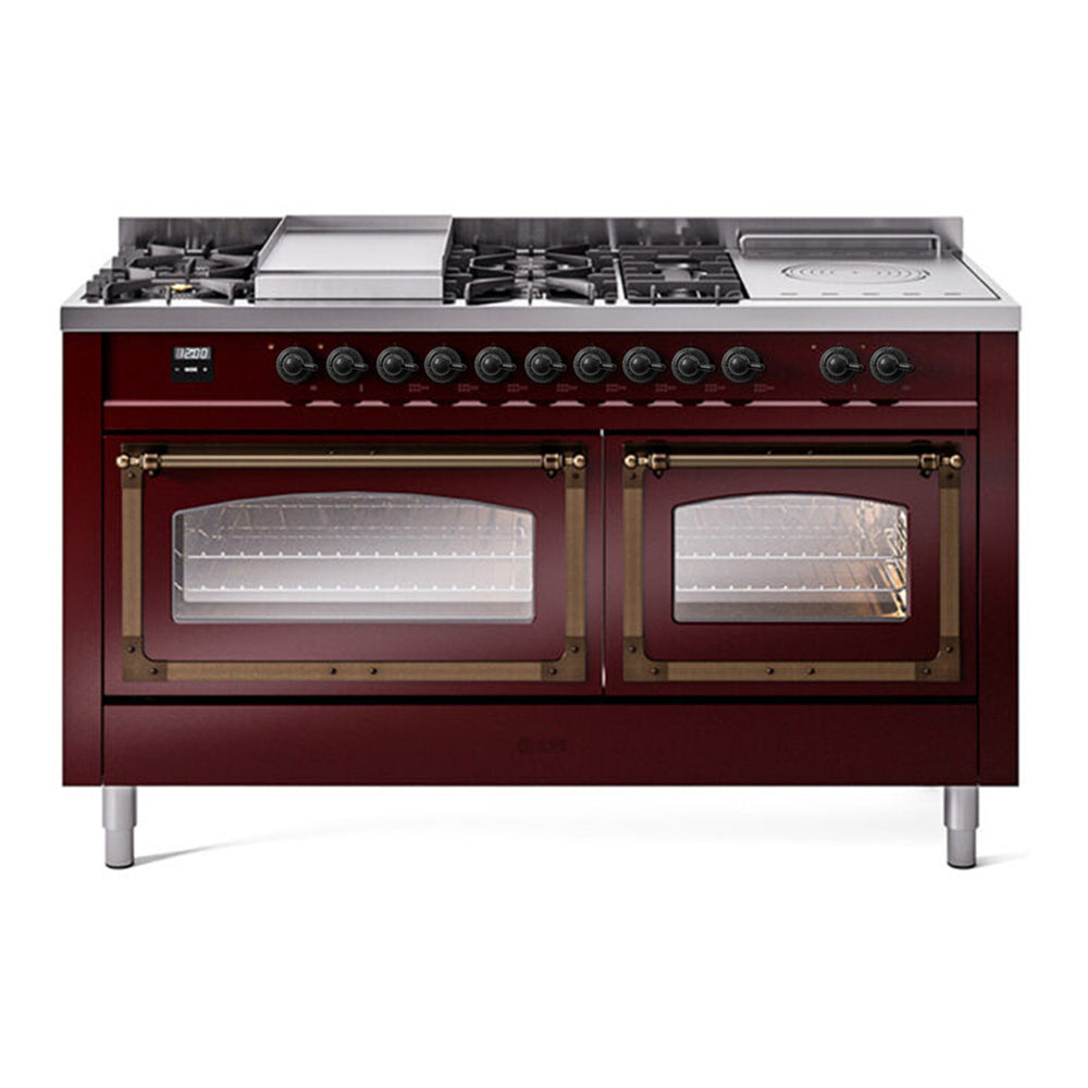 ILVE Nostalgie II Noblesse 60" Burgundy Dual Fuel Range with 7 Burners, Griddle and French Top Triple Glass Door Liquid Propane