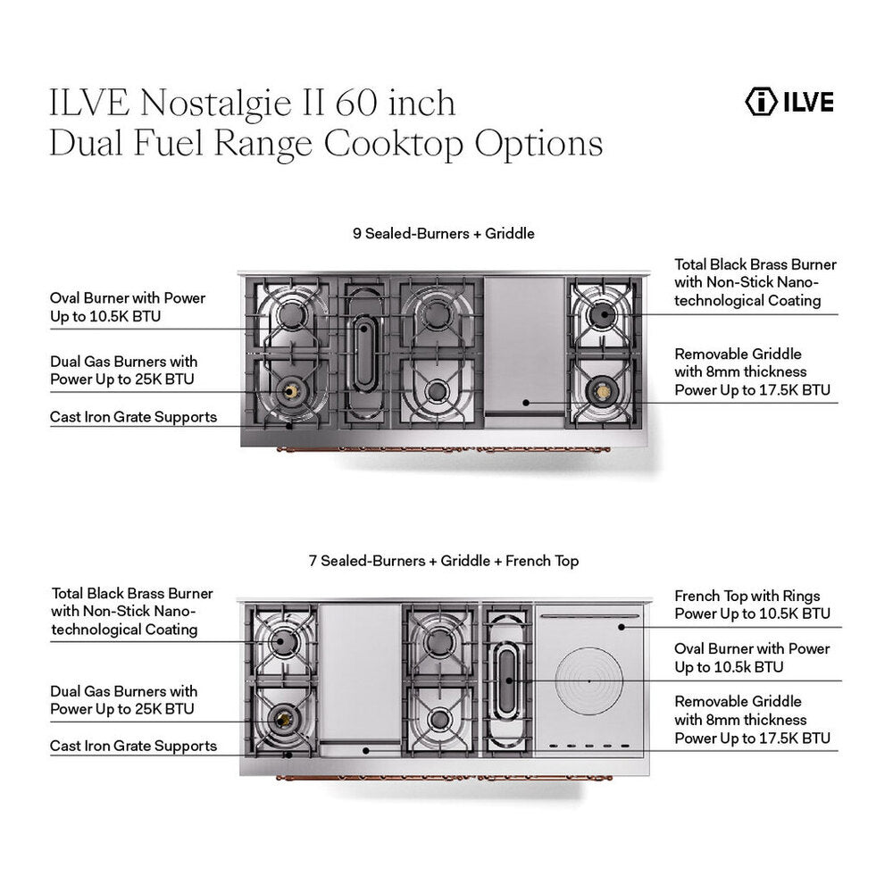 ILVE Nostalgie II Noblesse 60" Burgundy Dual Fuel Range with 7 Burners, Griddle and French Top Triple Glass Door Liquid Propane