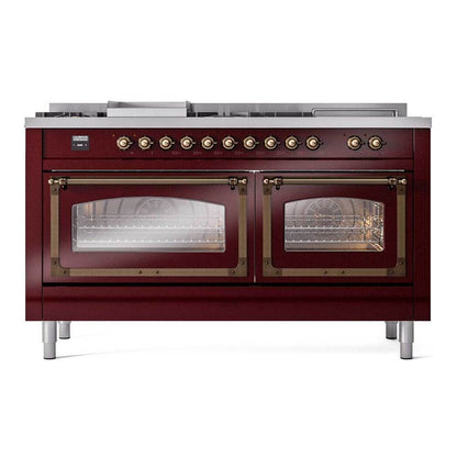 ILVE Nostalgie II Noblesse 60" Burgundy Dual Fuel Range with 7 Burners, Griddle and French Top Triple Glass Door Liquid Propane