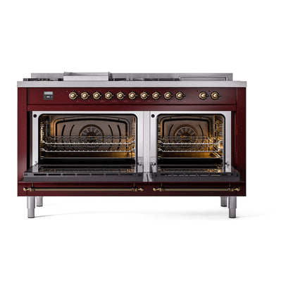 ILVE Nostalgie II Noblesse 60" Burgundy Dual Fuel Range with 7 Burners, Griddle and French Top Triple Glass Door Liquid Propane