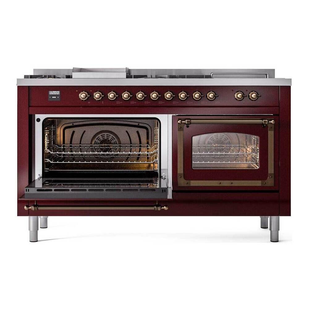 ILVE Nostalgie II Noblesse 60" Burgundy Dual Fuel Range with 7 Burners, Griddle and French Top Triple Glass Door Liquid Propane