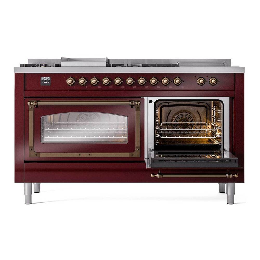 ILVE Nostalgie II Noblesse 60" Burgundy Dual Fuel Range with 7 Burners, Griddle and French Top Triple Glass Door Liquid Propane