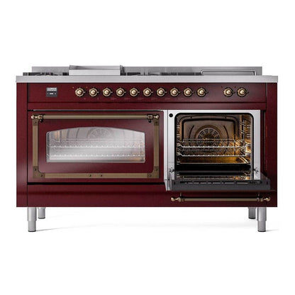 ILVE Nostalgie II Noblesse 60" Burgundy Dual Fuel Range with 7 Burners, Griddle and French Top Triple Glass Door Liquid Propane