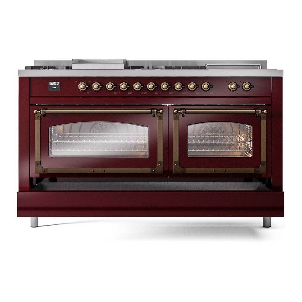 ILVE Nostalgie II Noblesse 60" Burgundy Dual Fuel Range with 7 Burners, Griddle and French Top Triple Glass Door Liquid Propane