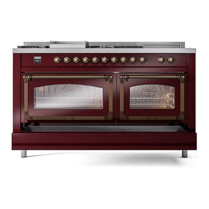 ILVE Nostalgie II Noblesse 60" Burgundy Dual Fuel Range with 7 Burners, Griddle and French Top Triple Glass Door Liquid Propane