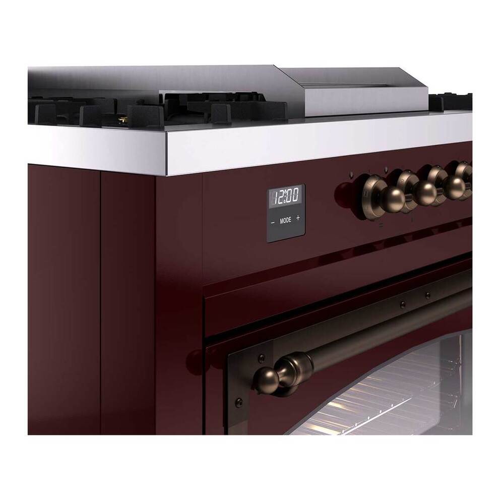 ILVE Nostalgie II Noblesse 60" Burgundy Dual Fuel Range with 7 Burners, Griddle and French Top Triple Glass Door Liquid Propane