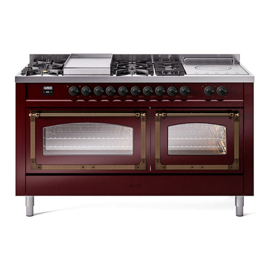 ILVE Nostalgie II Noblesse 60" Burgundy Dual Fuel Range with 7 Burners, Griddle and French Top Triple Glass Door Natural Gas