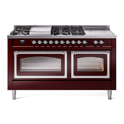 ILVE Nostalgie II Noblesse 60" Burgundy Dual Fuel Range with 7 Burners, Griddle and French Top Triple Glass Door Liquid Propane