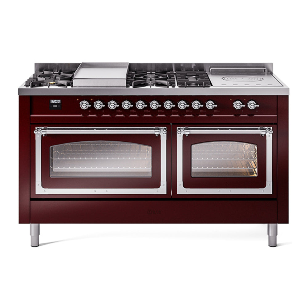 ILVE Nostalgie II Noblesse 60" Burgundy Dual Fuel Range with 7 Burners, Griddle and French Top Triple Glass Door Natural Gas