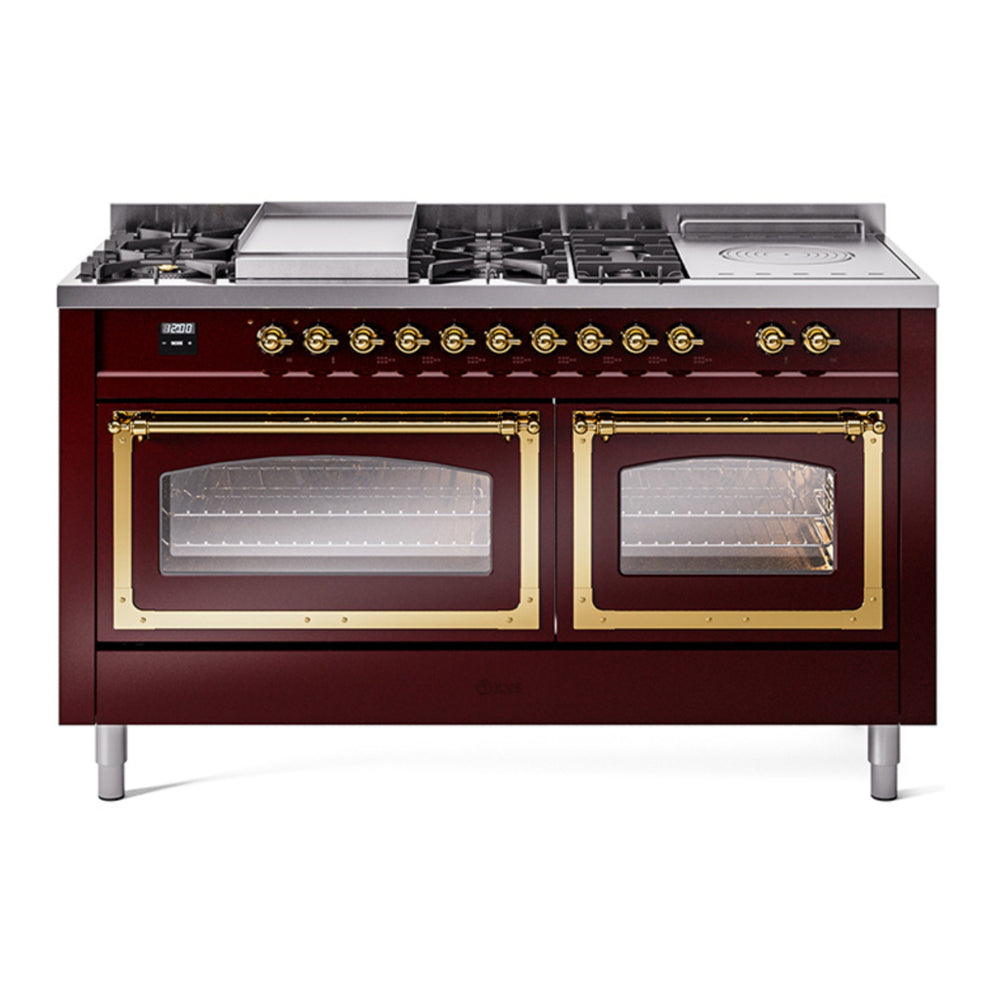 ILVE Nostalgie II Noblesse 60" Burgundy Dual Fuel Range with 7 Burners, Griddle and French Top Triple Glass Door Natural Gas
