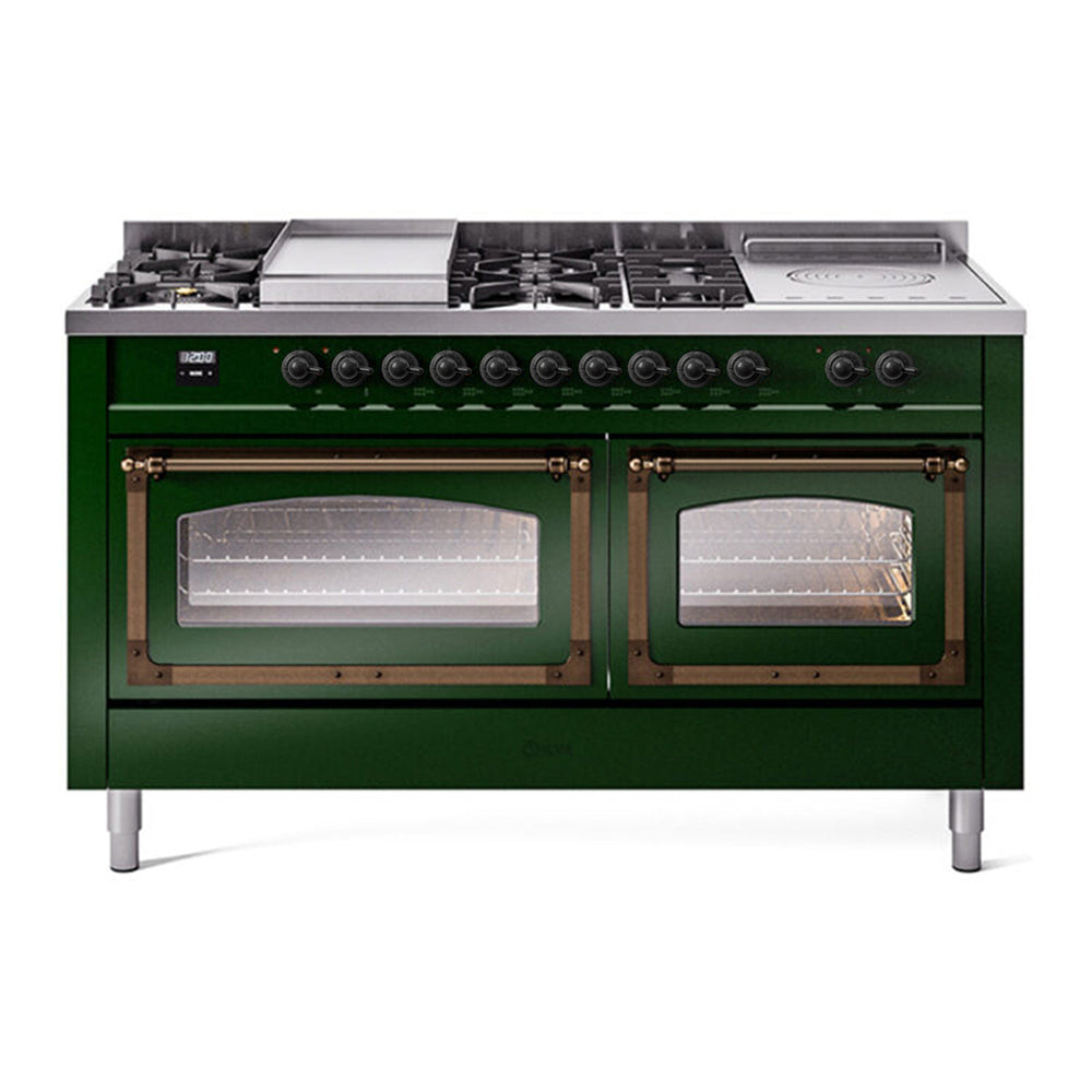 ILVE Nostalgie II Noblesse 60" Emerald Green Dual Fuel Range with 7 Burners, Griddle and French Top Triple Glass Door Natural Gas