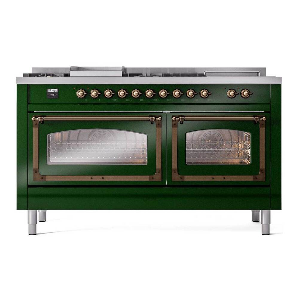 ILVE Nostalgie II Noblesse 60" Emerald Green Dual Fuel Range with 7 Burners, Griddle and French Top Triple Glass Door Natural Gas
