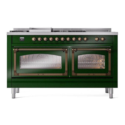 ILVE Nostalgie II Noblesse 60" Emerald Green Dual Fuel Range with 7 Burners, Griddle and French Top Triple Glass Door Natural Gas
