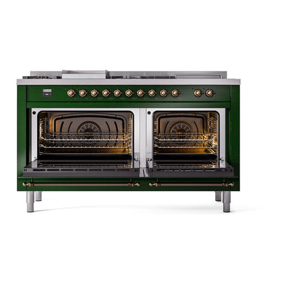 ILVE Nostalgie II Noblesse 60" Emerald Green Dual Fuel Range with 7 Burners, Griddle and French Top Triple Glass Door Natural Gas