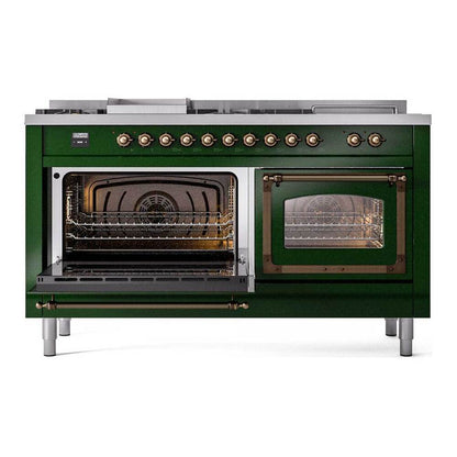 ILVE Nostalgie II Noblesse 60" Emerald Green Dual Fuel Range with 7 Burners, Griddle and French Top Triple Glass Door Natural Gas