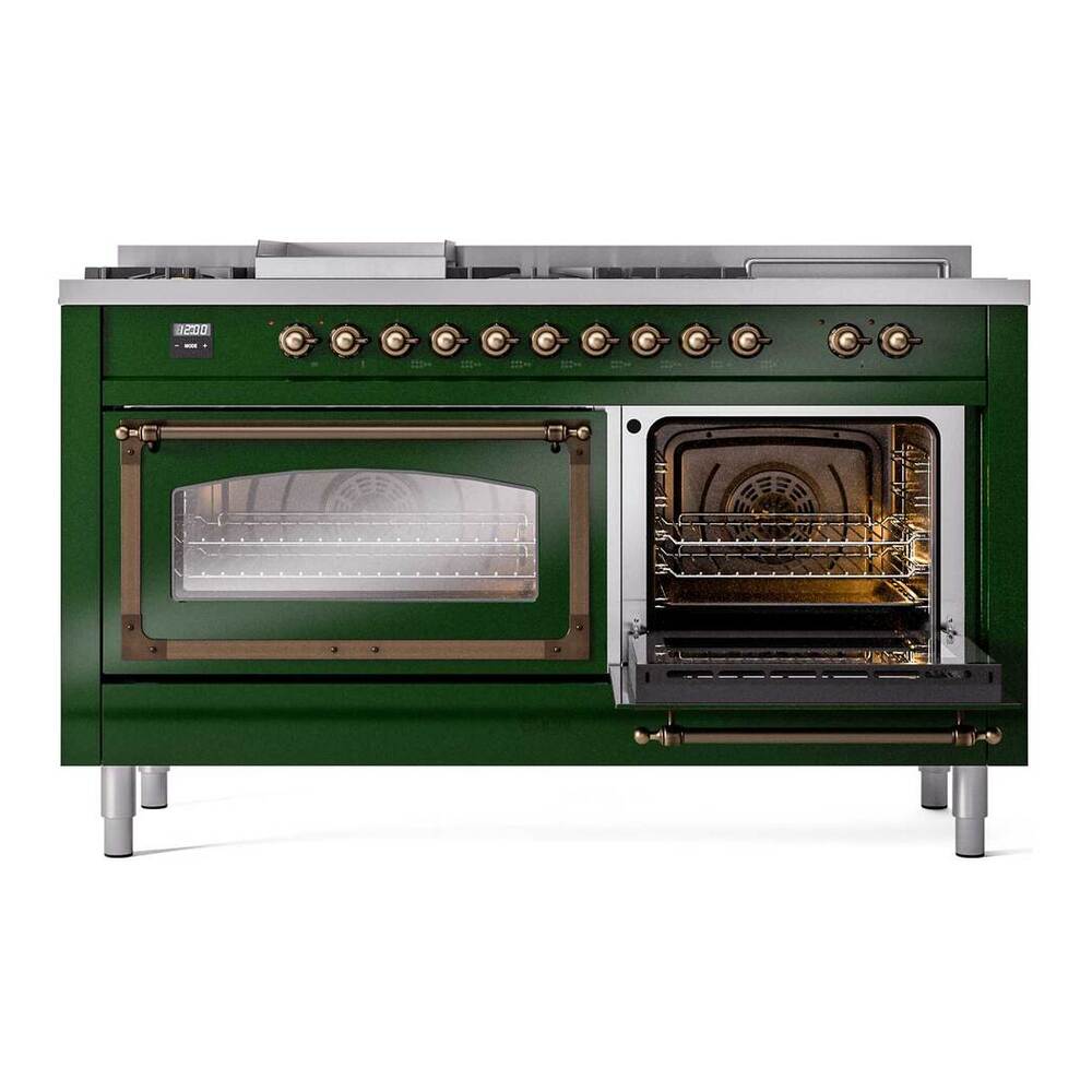 ILVE Nostalgie II Noblesse 60" Emerald Green Dual Fuel Range with 7 Burners, Griddle and French Top Triple Glass Door Natural Gas