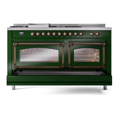 ILVE Nostalgie II Noblesse 60" Emerald Green Dual Fuel Range with 7 Burners, Griddle and French Top Triple Glass Door Natural Gas