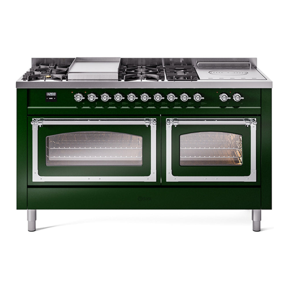 ILVE Nostalgie II Noblesse 60" Emerald Green Dual Fuel Range with 7 Burners, Griddle and French Top Triple Glass Door Natural Gas