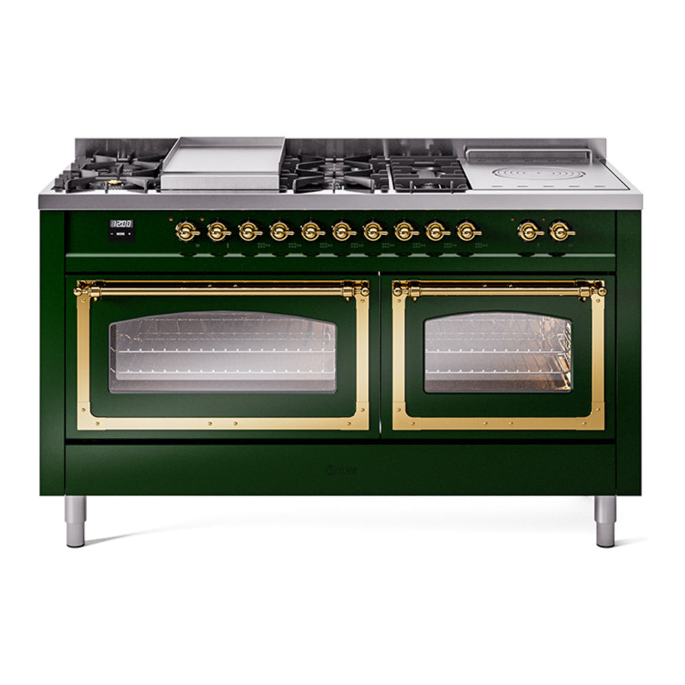 ILVE Nostalgie II Noblesse 60" Emerald Green Dual Fuel Range with 7 Burners, Griddle and French Top Triple Glass Door Natural Gas