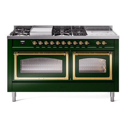 ILVE Nostalgie II Noblesse 60" Emerald Green Dual Fuel Range with 7 Burners, Griddle and French Top Triple Glass Door Natural Gas