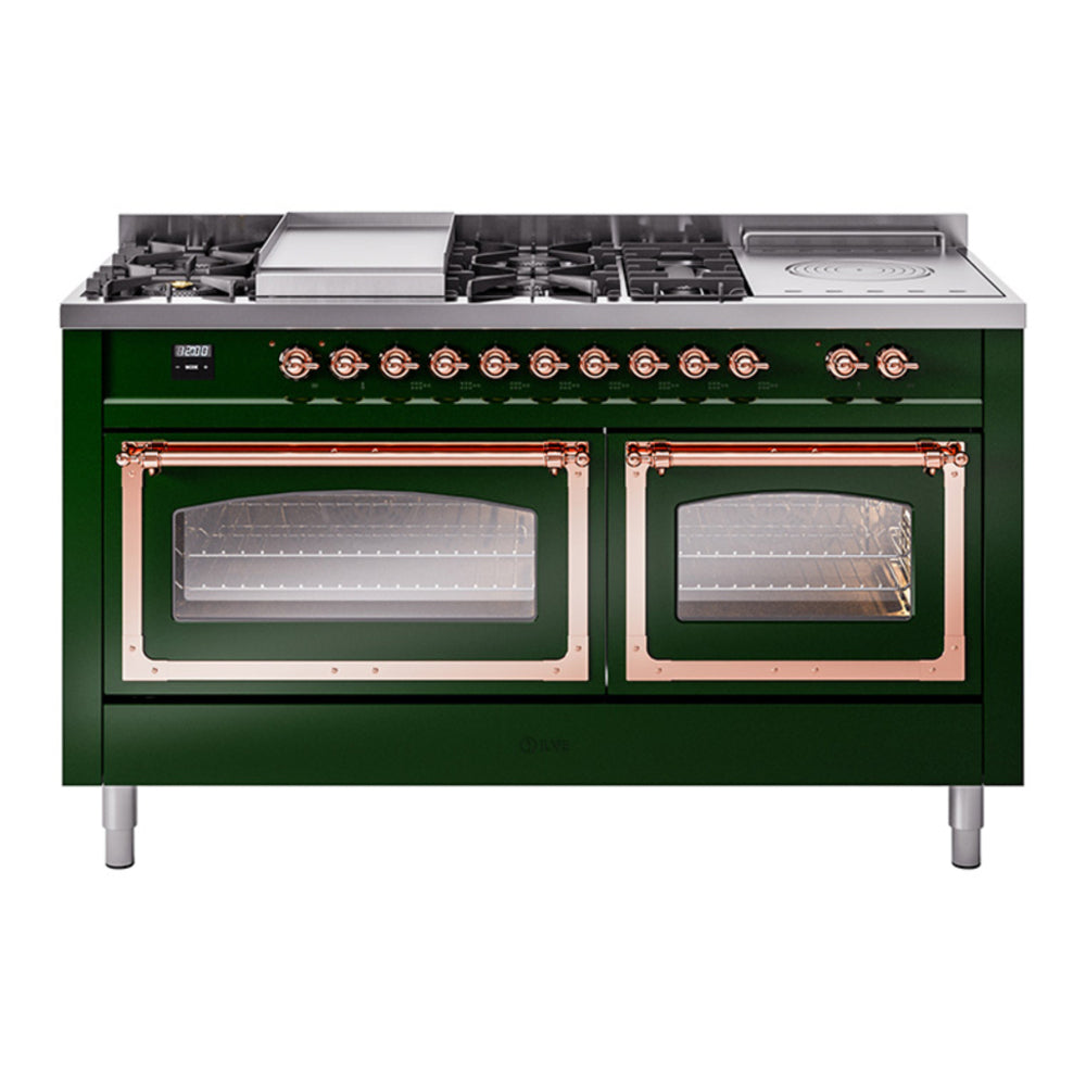 ILVE Nostalgie II Noblesse 60" Emerald Green Dual Fuel Range with 7 Burners, Griddle and French Top Triple Glass Door Natural Gas