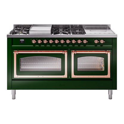 ILVE Nostalgie II Noblesse 60" Emerald Green Dual Fuel Range with 7 Burners, Griddle and French Top Triple Glass Door Natural Gas