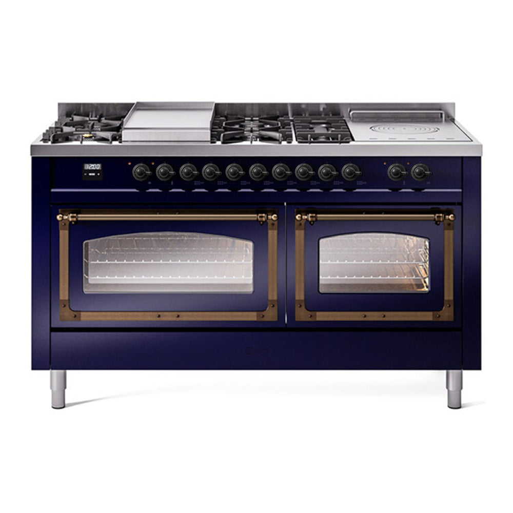 ILVE Nostalgie II Noblesse 60" Midnight Blue Dual Fuel Range with 7 Burners, Griddle and French Top Triple Glass Door Natural Gas