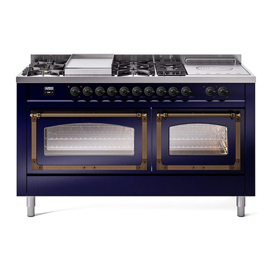 ILVE Nostalgie II Noblesse 60" Midnight Blue Dual Fuel Range with 7 Burners, Griddle and French Top Triple Glass Door Natural Gas