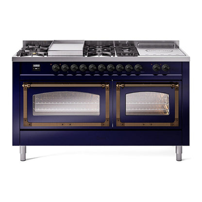 ILVE Nostalgie II Noblesse 60" Midnight Blue Dual Fuel Range with 7 Burners, Griddle and French Top Triple Glass Door Natural Gas