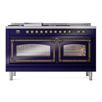 ILVE Nostalgie II Noblesse 60" Midnight Blue Dual Fuel Range with 7 Burners, Griddle and French Top Triple Glass Door Natural Gas