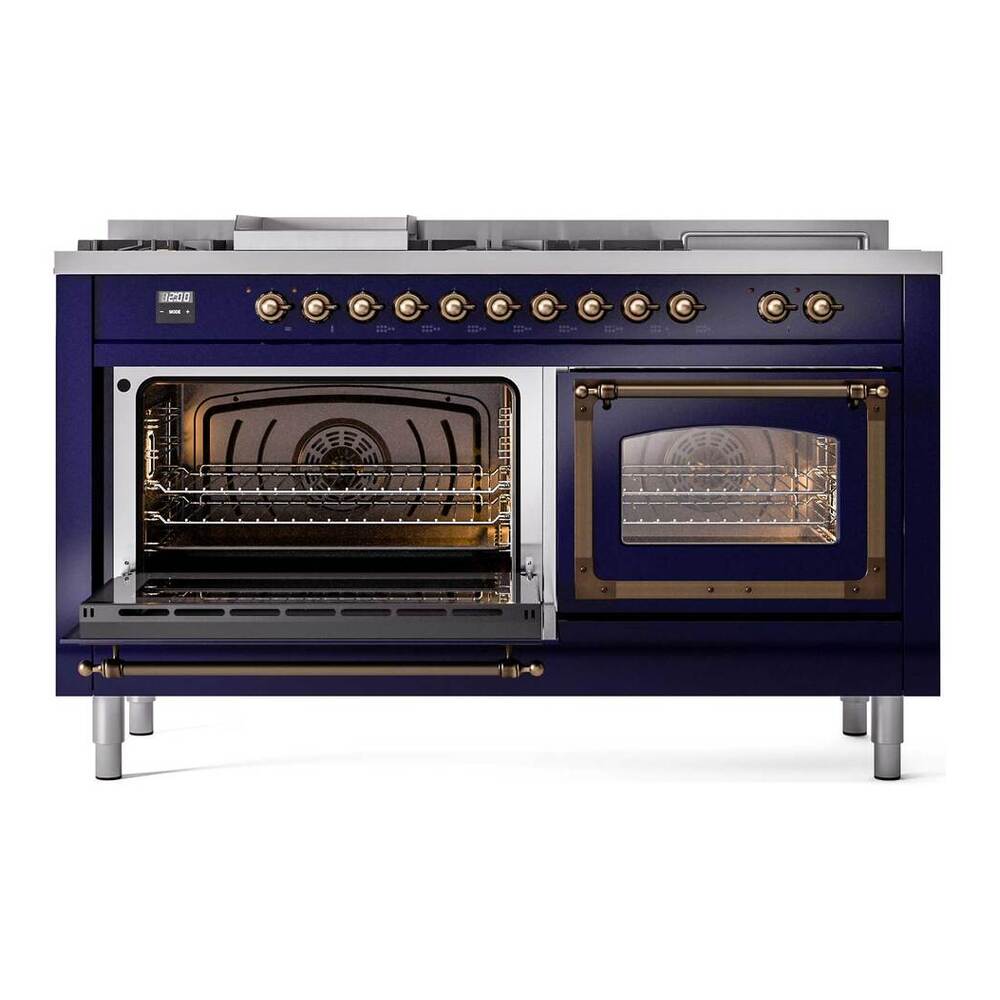 ILVE Nostalgie II Noblesse 60" Midnight Blue Dual Fuel Range with 7 Burners, Griddle and French Top Triple Glass Door Natural Gas