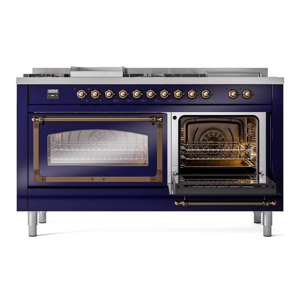 ILVE Nostalgie II Noblesse 60" Midnight Blue Dual Fuel Range with 7 Burners, Griddle and French Top Triple Glass Door Natural Gas