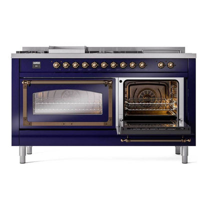 ILVE Nostalgie II Noblesse 60" Midnight Blue Dual Fuel Range with 7 Burners, Griddle and French Top Triple Glass Door Natural Gas