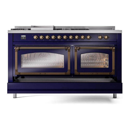 ILVE Nostalgie II Noblesse 60" Midnight Blue Dual Fuel Range with 7 Burners, Griddle and French Top Triple Glass Door Natural Gas