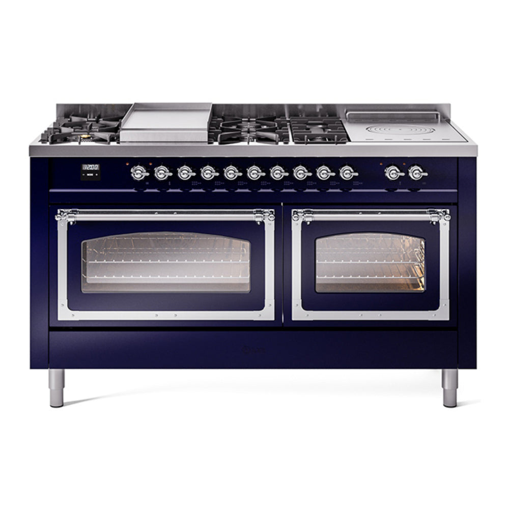 ILVE Nostalgie II Noblesse 60" Midnight Blue Dual Fuel Range with 7 Burners, Griddle and French Top Triple Glass Door Natural Gas