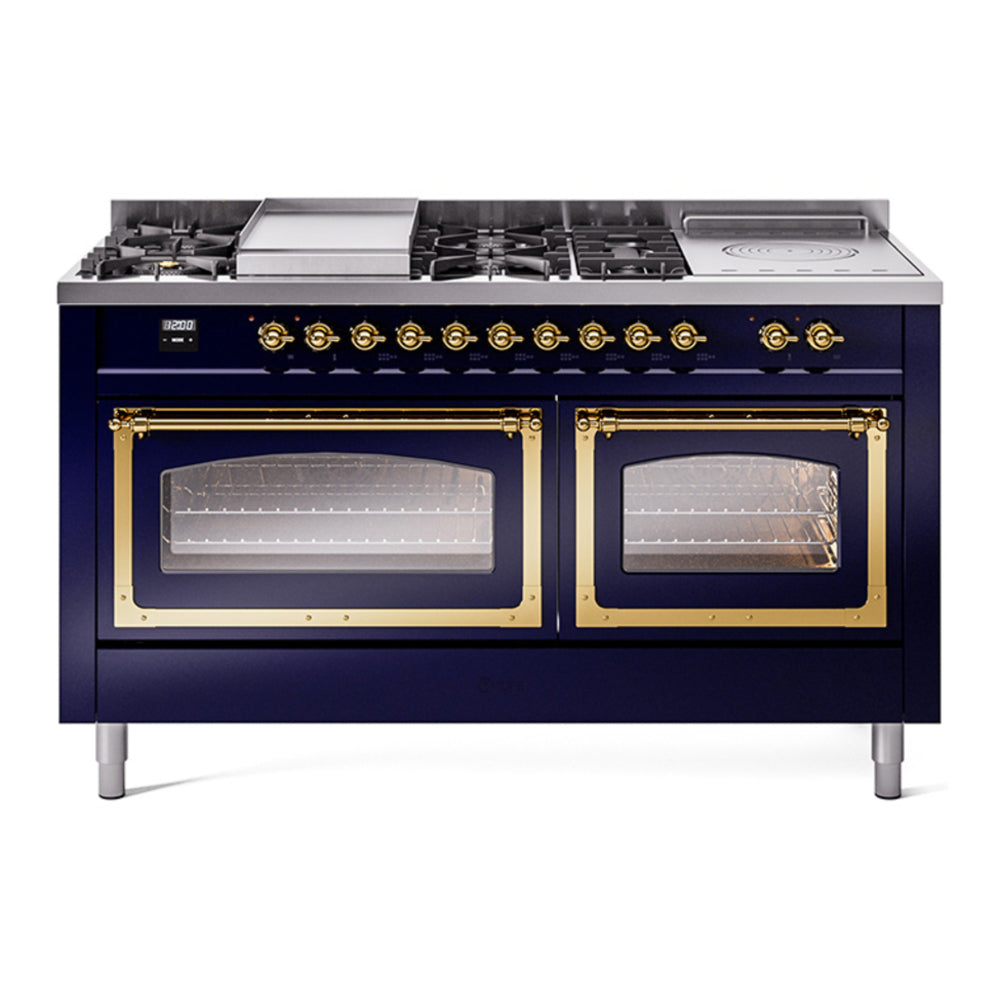 ILVE Nostalgie II Noblesse 60" Midnight Blue Dual Fuel Range with 7 Burners, Griddle and French Top Triple Glass Door Natural Gas