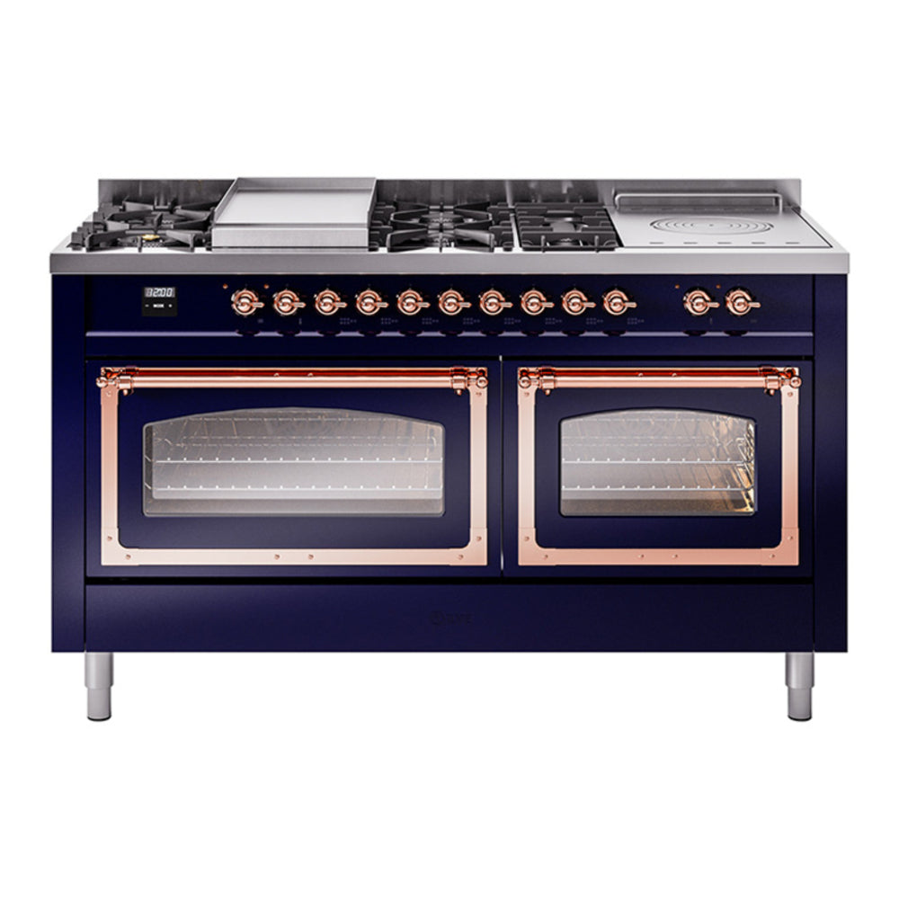ILVE Nostalgie II Noblesse 60" Midnight Blue Dual Fuel Range with 7 Burners, Griddle and French Top Triple Glass Door Natural Gas