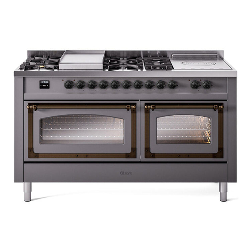 ILVE Nostalgie II Noblesse 60" Graphite Matte Dual Fuel Range with 7 Burners, Griddle and French Top Triple Glass Door Natural Gas