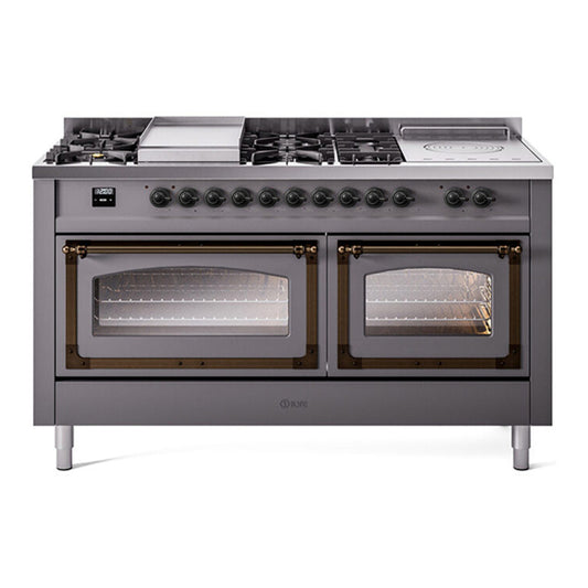 ILVE Nostalgie II Noblesse 60" Graphite Matte Dual Fuel Range with 7 Burners, Griddle and French Top Triple Glass Door Natural Gas