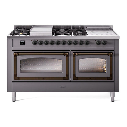 ILVE Nostalgie II Noblesse 60" Graphite Matte Dual Fuel Range with 7 Burners, Griddle and French Top Triple Glass Door Natural Gas