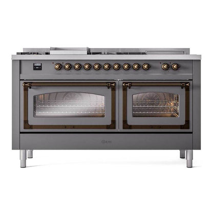 ILVE Nostalgie II Noblesse 60" Graphite Matte Dual Fuel Range with 7 Burners, Griddle and French Top Triple Glass Door Natural Gas