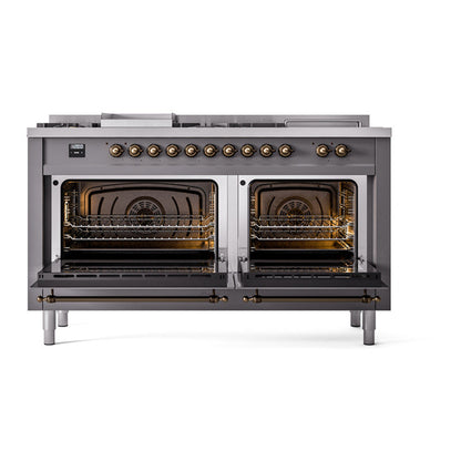 ILVE Nostalgie II Noblesse 60" Graphite Matte Dual Fuel Range with 7 Burners, Griddle and French Top Triple Glass Door Natural Gas