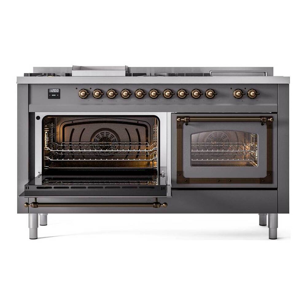 ILVE Nostalgie II Noblesse 60" Graphite Matte Dual Fuel Range with 7 Burners, Griddle and French Top Triple Glass Door Natural Gas