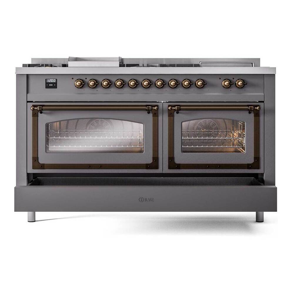 ILVE Nostalgie II Noblesse 60" Graphite Matte Dual Fuel Range with 7 Burners, Griddle and French Top Triple Glass Door Natural Gas