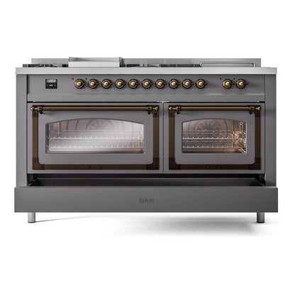 ILVE Nostalgie II Noblesse 60" Graphite Matte Dual Fuel Range with 7 Burners, Griddle and French Top Triple Glass Door Natural Gas
