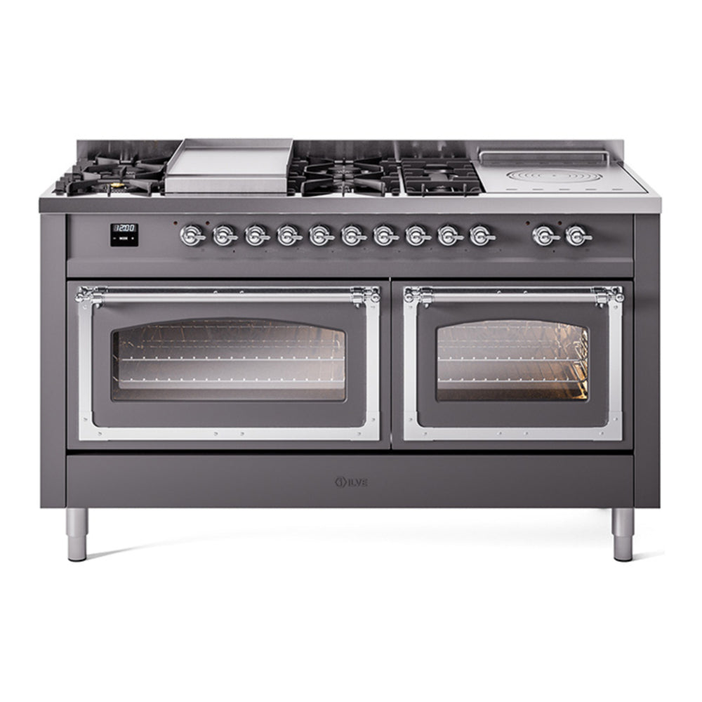 ILVE Nostalgie II Noblesse 60" Graphite Matte Dual Fuel Range with 7 Burners, Griddle and French Top Triple Glass Door Natural Gas