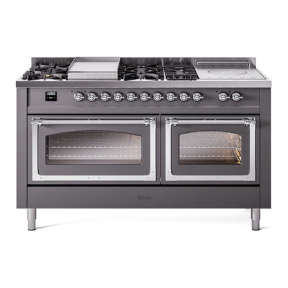 ILVE Nostalgie II Noblesse 60" Graphite Matte Dual Fuel Range with 7 Burners, Griddle and French Top Triple Glass Door Natural Gas