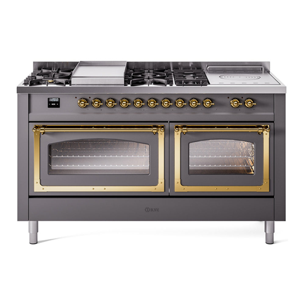 ILVE Nostalgie II Noblesse 60" Graphite Matte Dual Fuel Range with 7 Burners, Griddle and French Top Triple Glass Door Natural Gas